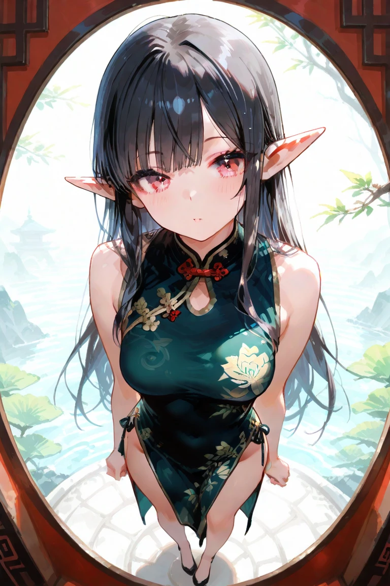 Realistic and detailed image of an elf. with a ninja costume with pleated miniskirt. stockings to mid-thigh. Sportwear sneakers. Unusually shiny long silky black hair combed to the right side. turquoise eyes. She has earrings and long eyelashes. Large breasts, slim waist, very wide hips and thick thighs. Back arched. Kneeling. Posing sensually. Autumn. falling leaves. misty night. garden next to a mansion. Volumetric light. Ambient light.