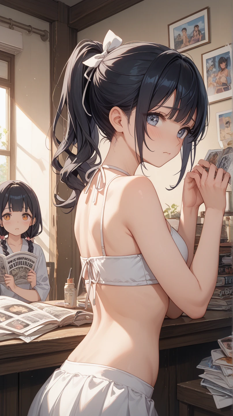 ((masterpiece, best quality, ultra quality, high quality, hyper detailed, intricate detailed, perfect anatomy, shiny skin)), ((upper body:1.2)), (three women are posing for a camera:1.4), (indoors, bed, pillow:1.2), (Lift up your camisole), (full nude:1.4), (smile, shy, red cheek, blush:1.2), (Open your mouth:1.6), (Stand in line) , brown hair, blond hair, navel, jewelry, looking at viewer, necklace, long hair, short hair, Abdominal muscles, straight hair, bob cut, blunt bangs, silky hair, hair clip, hair band, hair ribbon, one-length haircut, ducktail, outward curled hair, French twist hair, twintails, side ponytail, single braid, wavy hair,