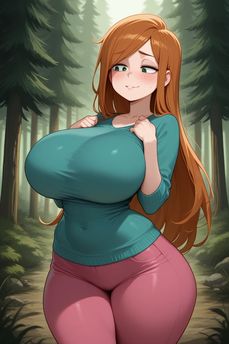 (masterpiece, best quality:1.2) best quality, focus, girl design, portrait, giesha, anime image, long hair, red hair, shy and horny look, heterochromia eyes, hair covering horns, demon horns, tight latex tank bra, blue short jeans, black jacket, hands on chest, round thick giant breasts, ((huge breasts)), ((large breasts)), ((enormus breasts)), in a forest, anime style, full body, masterpiece, highres