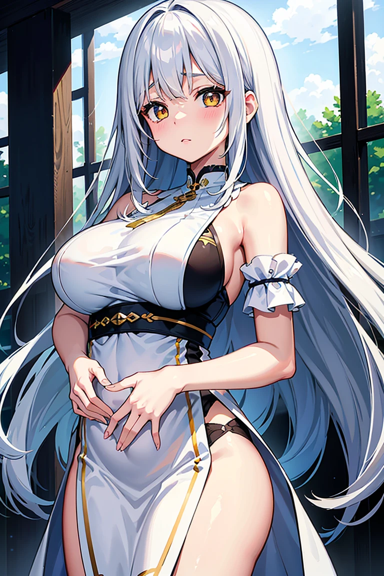 ((masterpiece)), (((best quality))), ((ultra-detailed)), ((illustration)), ((disheveled hair)), ((frills)), (1 girl), (solo),black legwear, blonde hair, blue eyes, blush, breasts, clavicle, cleavage, closed mouth, clothing, eyebrows visible through hair, female, headwear, large breasts, legwear, long hair, looking at viewer, smile, thighhighs, white beret, white headwear, military,white military uniform, white naval uniform,