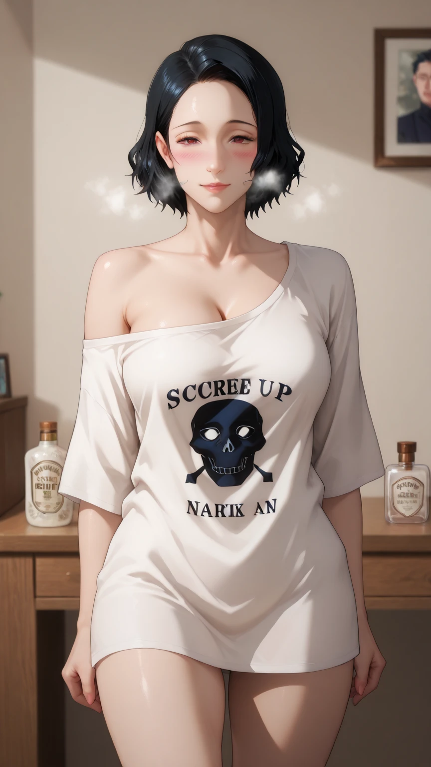 1girl, 独奏, ((Messy hair)), A worn-out t-shirt, The collar is stretched and wrinkled, His shoulders are visible through his wrinkled shirt, bra strap slip, (Messy Hair), Dirty clothes, ((Dark circles under the eyes)), Sleepy and unfocused eyes, A helpless smile, Medium build, Standing with the crotch in the crotch, slipper, large breasts, indoors, ((A disastrous situation with things scattered everywhere)),