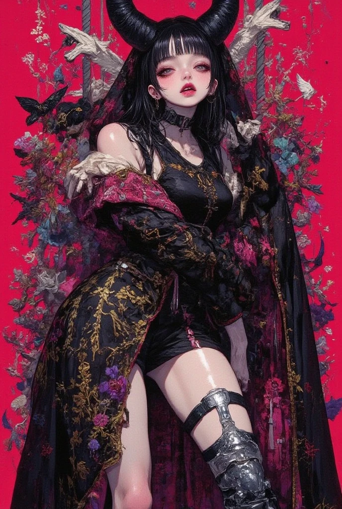 (masterpiece, best quality, high resolution,finely detailed, distinct image, ultra resolution, extremely amazing detailed, awesome detailed, intricate details, masterpiece*portrait), 
1girl, full body, sitting, sleepy, solo, demon, pentagram, magic circle, (crossed legs), long hair, huge breasts, (nsfw:0.88), china dress, ((legs tattoo, tatto, make up)), ribbon, 
((gold, jewelry, silver, red, glory, chain, brilliant, Skull decoration)) <lora:HanFu:0.22> <lora:吴带ribbon1:0.44> <lora:GuoFeng3.2_Lora:0.66> <lora:linkheart:0.33> <lora:lightAndShadow_v10:0.33> <lora:hipoly3DModelLora_v10 (1):0.55>