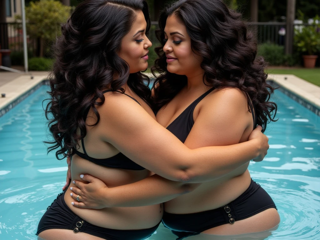 fat ssbbw curvy bottom heavy wide hiped british women, 30 brunette, they are pulling each other out of pool, they are wearing tight low waisted leggings, and short sleeved button up hawaiian shirts,