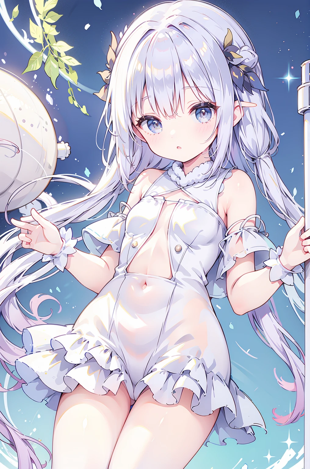 (((masterpiece, 8k, best quality, extremely detailed, high resolution))), Ultra-detailed, ultra-high quality, superb masterpiece, 8K image quality, anime, anime style, best lighting, shadows, cute, beautiful, stunning, gorgeous, 1girl, solo, (frieren, pointy ears, elf, earrings, twintails, grey hair:1.2), shiny hair, wide hips, hips, thick thighs, thigh, glamor, make up, shiny skin, bunnygirl, playboy bunny, red bunnygirl suit, bunny ear headband, blue leotard, ((blue color loetard:1.2)), smile, looking at viewer, add_detail:1, beautiful hair color, beautiful light eyes, ((beautiful eyes:1.2)), (garter belt:1.2), earrings, ashamed, troubled expression, ((flower field, blue flower, petals dancing in the wind, blue flower petals:1.2)), (Particles of light surround her, Particles of light surround girl), (dynamic pose), 