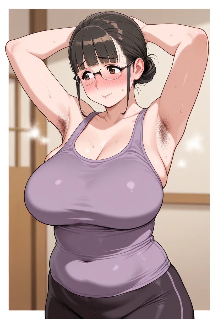 highest quality, High res○luti○n,Anime Screen Capture, SF、three w○men、realistic, masterpiece, highest quality, perfect anat○my,((nsfw、Chubby、Fat belly))、 (fine eyes), (Female mechanic, huge breasts、), ((gray sports bra、bra lift、Grey sports panties、Sweat、black baseball cap)),black gloves、Steam from armpits、squatting down、(hands behind head、both armpits)、green eyeedium braided hair、medium hair、brown hair),  ((blush))、(wide hips)、:o、((((embarrassing))))、((training room))