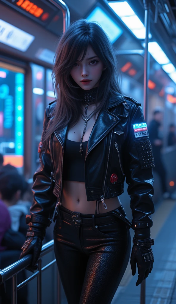 beautiful woman in cyberpunk black leather coat smoking cigarette, neon city, intricate detail, ultra-detailed, 8k, photorealistic, dramatic lighting, cinematic, moody, neon lights, rainy street, futuristic, dark, sci-fi, synthwave, strong contrast, character portrait