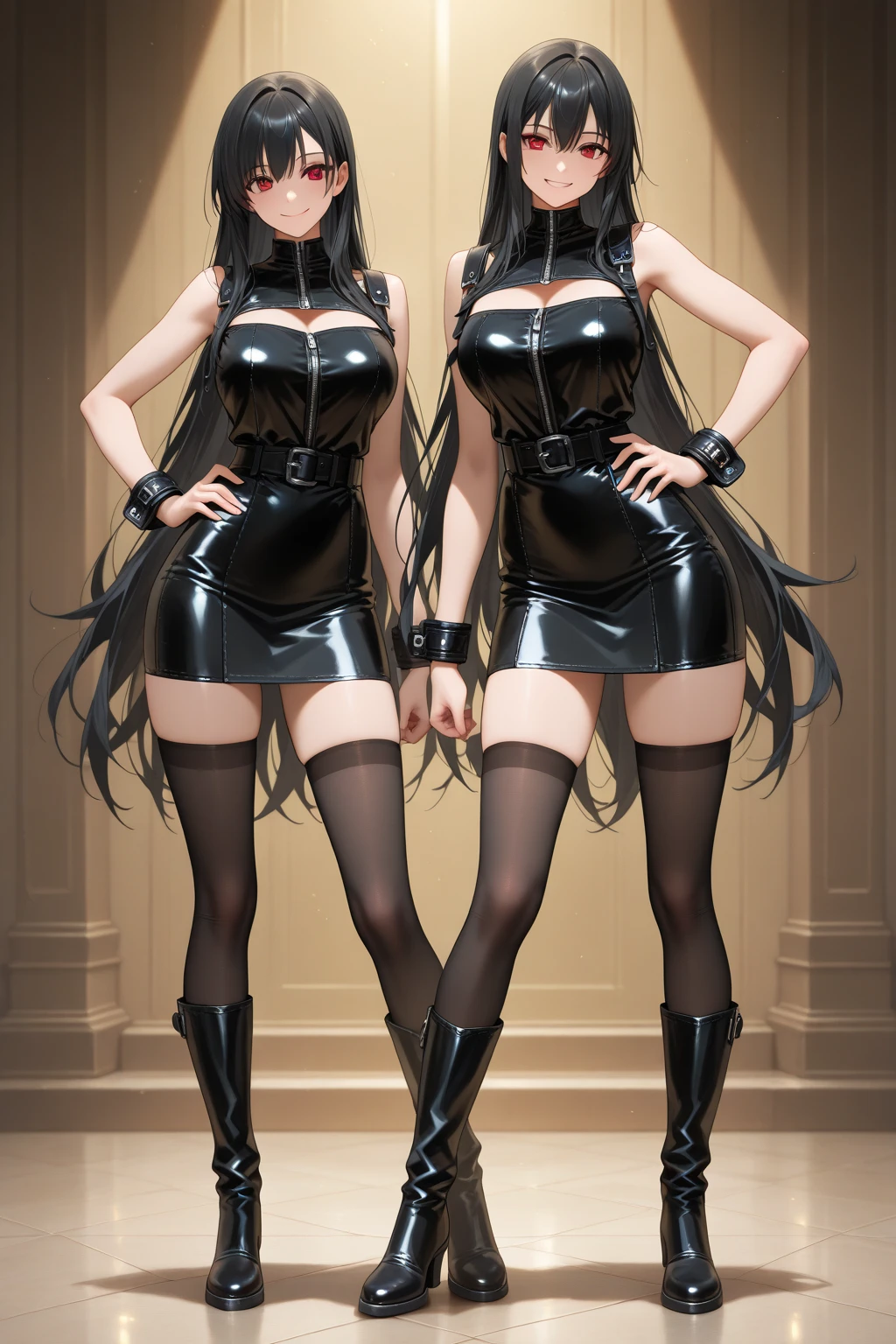 Two women in latex dresses posing for photos, wearing Kudo Atsuko latex costume, latex costume, anime girl cosplay, CGSTATION pop, bare unobstructed long legs, wearing black latex costume, snow-white skin, Zhao Liying, Sakimichan HDRI, beautiful sci-fi twins, Range Murata and Artgerm, slim jade feet
