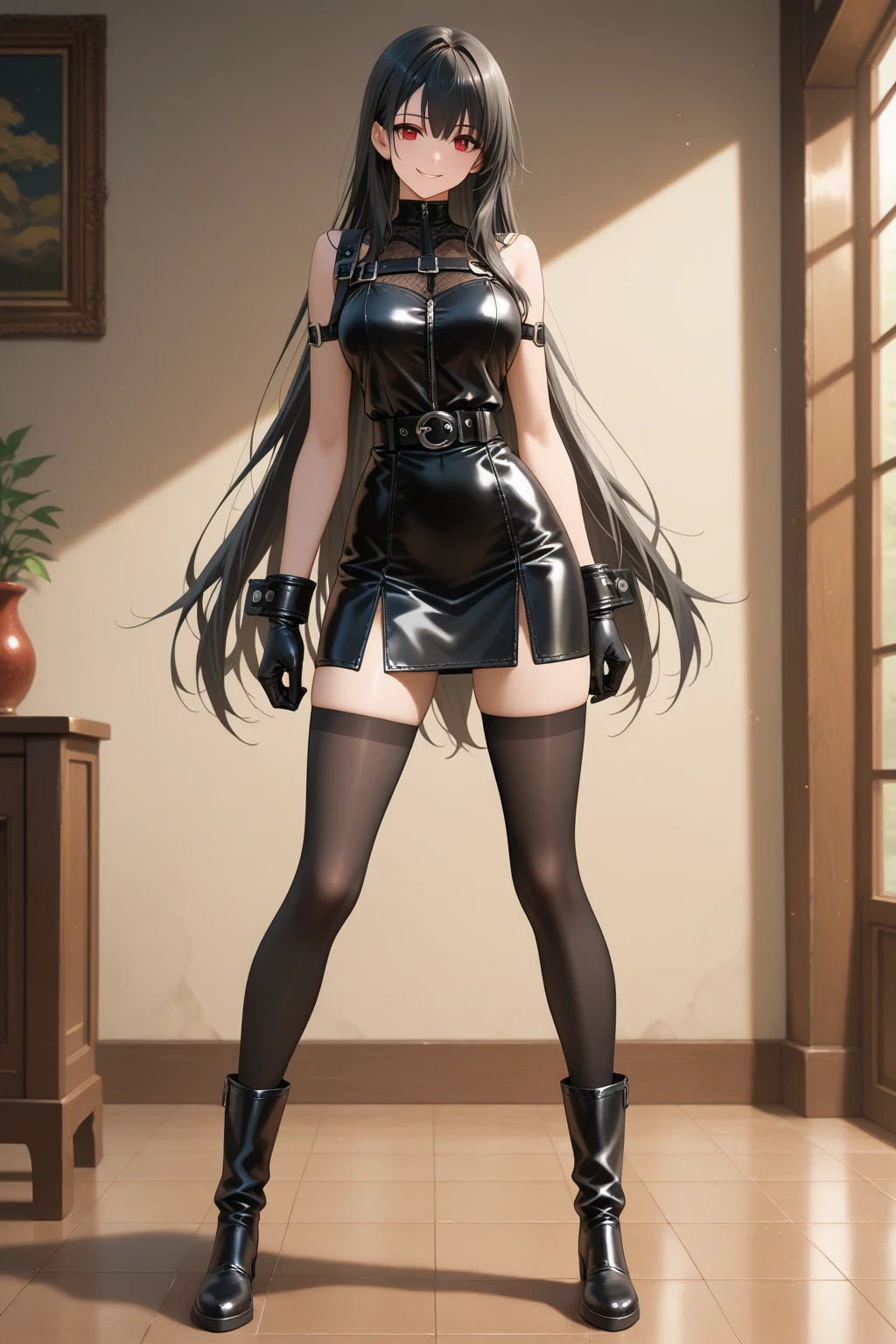 (masterpiece, best quality:1.2), 1 woman, alone,standing_divided, (white space with nothing), (((Lori))), Thigh-high sock boots, (((ahegao)))
black long hair, Enamel latex miniskirt, pussy,, (((large erect nipples))), (((Very slender waist))), (short height), , (((stand with legs apart))),  (((whole body)))