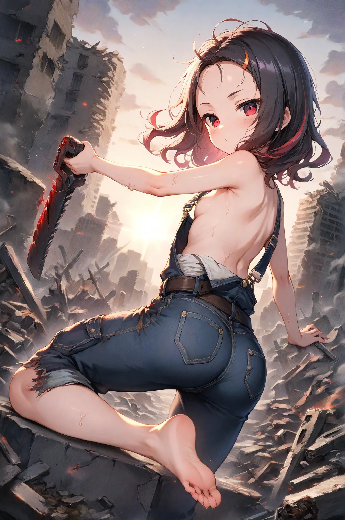 20 years old,1 mature woman,hyperrealistic, 8k, (extremely detailed 8k), (very delicate and beautiful), (masterpiece), (better quality:1.0), (ultra high resolution:1.0), (masterpiece, best quality),cute, light brown hair, short hair,full body,realistic skin, topless, erect nipples, denim pants, navel,belt,model posing, necklace, warehouse interior, concrete walls, slim waist, full bangs, side bangs, wet body, sweat, cinematic lighting, ambient lighting, dust, expert photography, post apocalyptic, holding a sledgehammer, blood on body, bloodstains