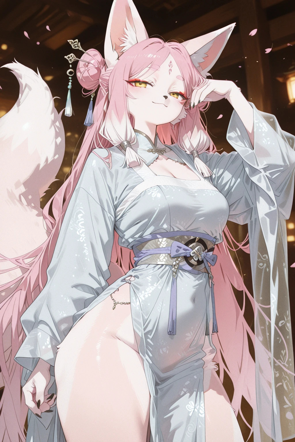 Adult woman, pink hair, low ponytail, white eyes, Fox ears, Foxtail, open dress, Masterpiece, hiquality