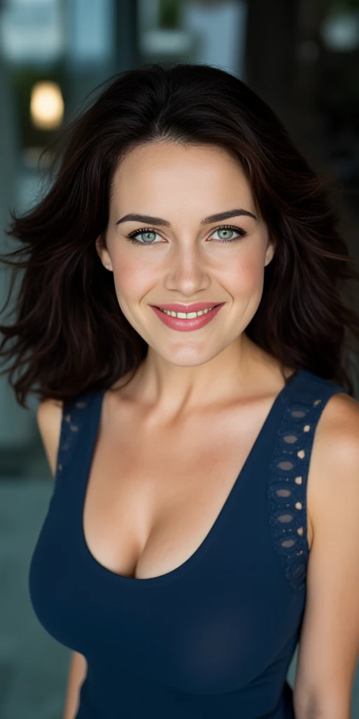 a beautiful brunette Ukrainian 45 year old woman, Smiling, freckles, straight dark hair, detailed face, wearing summer dress, cleavage, ultrarealistic, half body, on a boat, photography