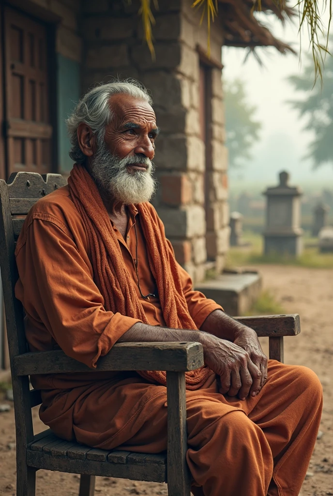 An elderly black African, humpbacked, 90 year old man, dressed in white with rosary in hand, sitting on a stool at the door of a wooden house, flowers and herbs in the background