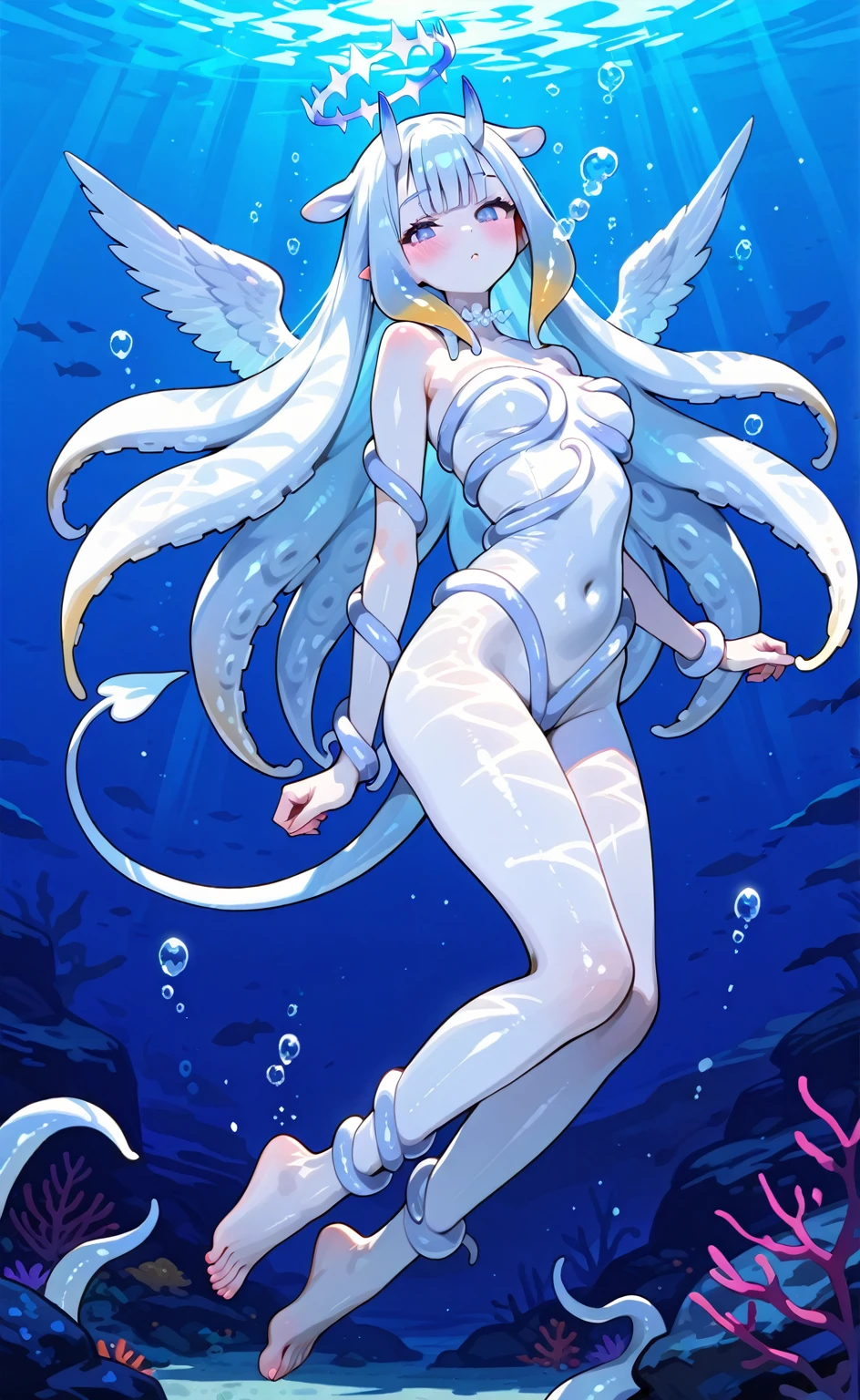 **Cute** Young Anime Girl, flying in dark space, (caressing her own legs with her hands) silver hair, blue Eyes, (Happy Mouth opened wide). (Pale smooth glistening skin:1.4), wearing (nylon fishnet lingerie) (Full-body oiled) No shoes, painted blue nails. (Bare feet, bare legs, bare arms) feminine elegant. (Tongue out.) Nsfw. (Revealing shoulders and neck) rounded nails. (No ankle accessories) clean, no clutter.