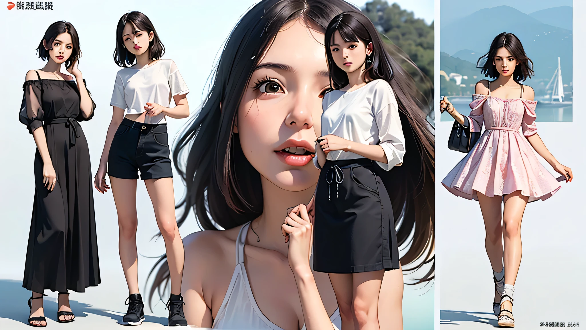 (masterpiece, best quality, ultra-detailed, highres, 4k),(beautiful detailed eyes),(very detailed face),(1girl),HDR,long hair, panties, blue eyes, brown hair, bracelet, see through crop top, jewelry, watch, lips, solo focus, nail polish, ponytail, blurry background, smirk, wristwatch, realistic, (full body shot)