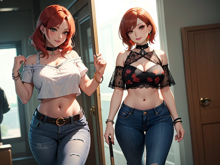 ((1girl)), 21 year old girl, 
short red hair, big eyes, sweet smile, small breasts, thin hips,
glasses, choker collar, unzipped black jacket, blue bra, jean shorts,
bookstore, bookcases, books,
standing in open door, raining outside,
dramatic lighting, cinematic lighting,