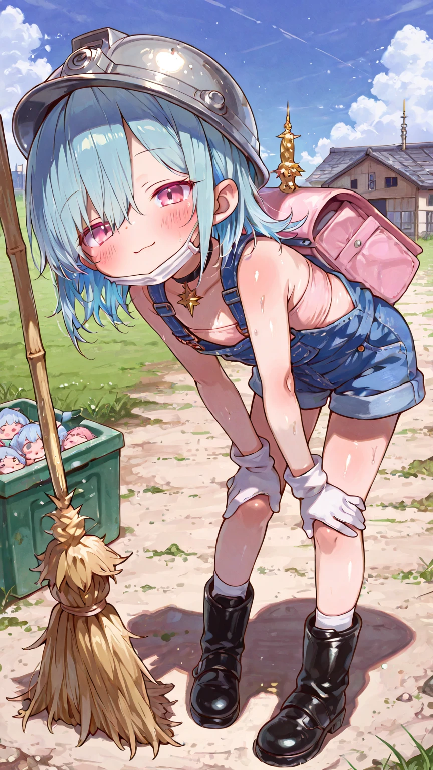 blush, outdoor, daytime, simple background, blue sky, wavy hair, sky, hands on butt, small short legs, avatar, solo, 1girl, look from behind, ass, squat, Sayu, farting, ass spread, 10 years old,