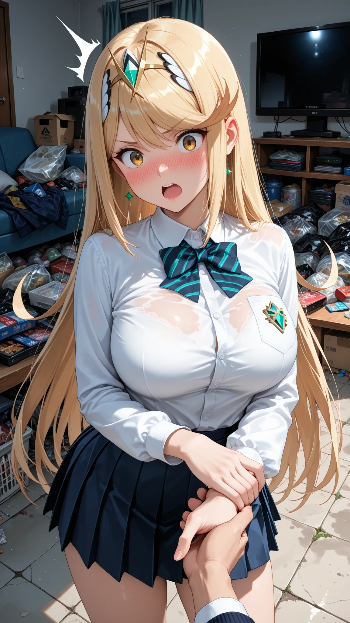 pieces fly、masterpiece、highest quality、Super detailed、High resolution、High resolution、8K portrait、Unity 8k壁紙のHigh resolutionCG、unity 8k wallpaper、cute type little:1.5、:1.5、Highly detailed CG unity 8k wallpaper、realistic、real person、cute type little、 portrait photography、shiny skin、High resolution、(16 years old:1.2)、(1 girl)、beautiful clear eyes、very detailed explanation、delicate face、nice lips、slender body、Same with big breasts thin waist、thin legs、(city road:1.6)、1 girl, cute type, perfect face, seriously, (blush:1.5),(golden hair ponytail:1.2),((there are many people nearby:1.4)),Same with big breasts,((school uniform:1.2)),(((clothing lift:1.5))), (((I have nipples))), Detailed description vagina,show vagina,spread legs,spread ,((Orgasm in the vagina:1.5))