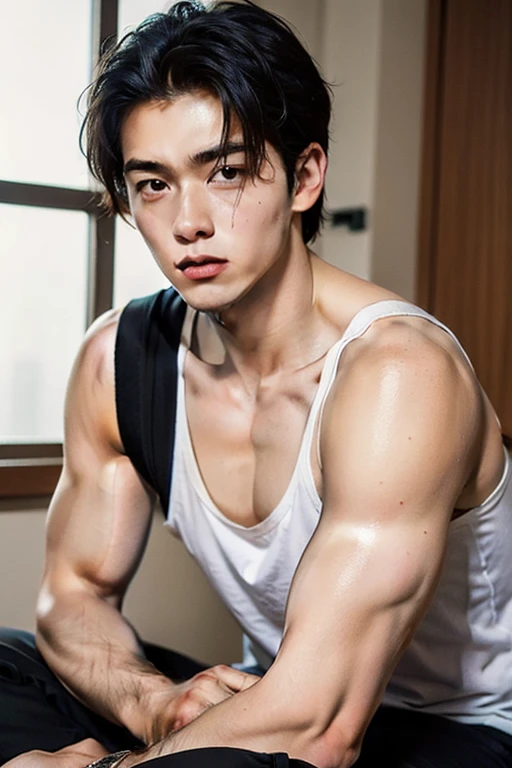 1 Handsome Japanese guy :1.5,20 years old:1.5,Hot Man:1.5,young:1.5, thick body:1.5, slender:1.5, sport body build:1.5, child-like:1.5,White Teenage boy:1.5,Close-up photo:1.5,Half body shot:1.5 ,(8K, RAW photo, Highest quality)=1.5,((face and upper body focus:1.5)), (masculine:1.5), (romantic lighting:1.5), (sexy pose:1.5),（muscular：1.5), （Skin Wrinkles：1.5），（full body portrait：1.5），（skin glow：1.5）, (smirk:1.0),Sexy pose, standing:1.5, Sports T-shirts:1.5,male:1.5， Handsome:1.5，High target:1.5，Muscles look good:1.5,Sexy expressions:1.5, Wheat skin color:1.5，black eyes:1.5（Fine eye 1：3），Full body portrait:1.5, Excellent:1.5, Perfect shape:1.5, ,Detailed you:1.5, , Mostly juicy ass:1.5, Open your legs:1.5, slight smile:1.5, (((full body portrait:1.5))), wide angle:1.5, (GS-Masculine:1.5) , pale skin:1.5, skinny, very pale skin:1.5, light skin:1.5, model with attractive body:1.5,medium butts,(8k:1.5, Masterpiece:1.5). High Detail:1.5 , superior quality:1.5, Natural light:1.5, beautiful:1.5, sexy:1.5, correct anatomy:1.5, good composition:1.5,realistic shapes:1.5, realistic skin tones:1.5,Natural eyes:1.5,realistic eyes:1.5,looking up at viewer,vpl:1.5,realistic muscles:1.5,Realistic wrinkles on the skin:1.5,Realistic arms and legs:1.5,Realistic face:1.5,realistic hair:1.5,Make a sexy and seductive face:1.5, Clear Focus: 1.5, Perfect Body virile: 1.5 , Slender Abs: 1.5, Highly detailed face and skin texture:1.5, detailed eyes:1.5, double eyelids:1.5, big upper lip, man focus:1.5,amazing composition:1.5, front view:1.5, HDR:1.5, ultra quality, elegant:1.5,Post a erotic photoshoot:1.5,Realistic pose:1.5,detailed hair:1.5,full body,Fujifilm XT3 photorealistic art by midjourney:1.5,(skinny muscular:1.5)),(Perfect fingers:1.5), (perfect arm shape:1.5),(facing viewer:1.5),(looking at viewer:1.5), (focus only:1.5),(amazing composition:1.5),wearing White micro thong with medium bulge:1.5,medium bulge and medium butt:1.5