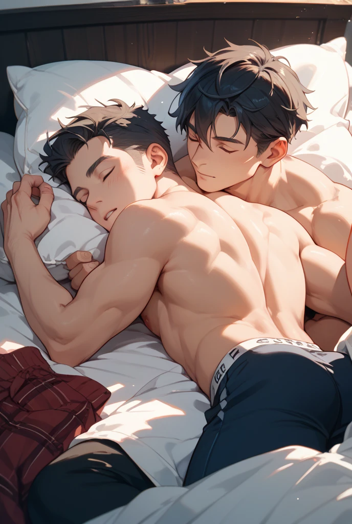 Two boys in bed,intense emotion,Raised sexy