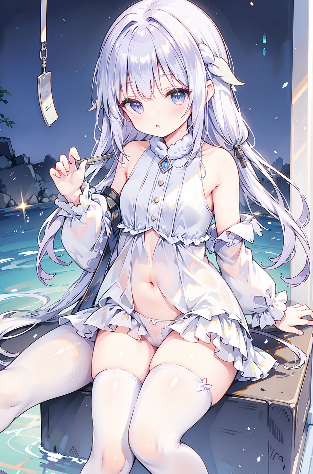 Perfectly shaped、Perfect limbs、High quality、1 girl、Small breasts、Tight body、Curved waist、((Spread legs))、Sitting、blush、((over head shot:1.5)), Staring at me with a seductive look、A face as lustrous as a prostitute、Late at night in a dark alley、Under the street lamp、Super long hair、Blonde、One eye is covered by hair、High heels、Absolute area、zettairyouiki, Plump thighs、clavicle、tubular top、bare navel, Tight, ultra-mini skirt、black thigh-high socks, midnight,