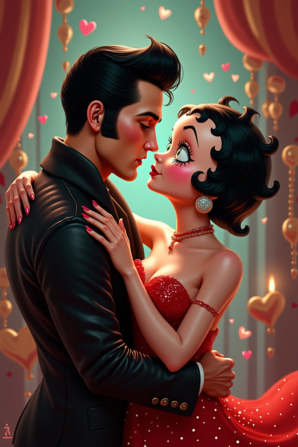 Betty Boop e Jhonny Bravo, sexy hyperrealistic , Betty looks stunning in a gorgeous sparkly dress at a nightclub sipping wine by the glass , and Jhonny Bravo is next door