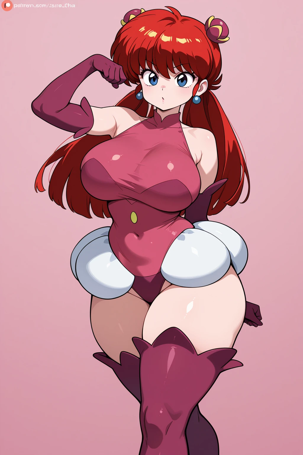 best quality, high resolution, large breasts, blush, embarrassed, cowboy shot, looking at viewer, pyra, pink lip, sexy legs, heels, sexy pose, (((gigantic breasts))), 
