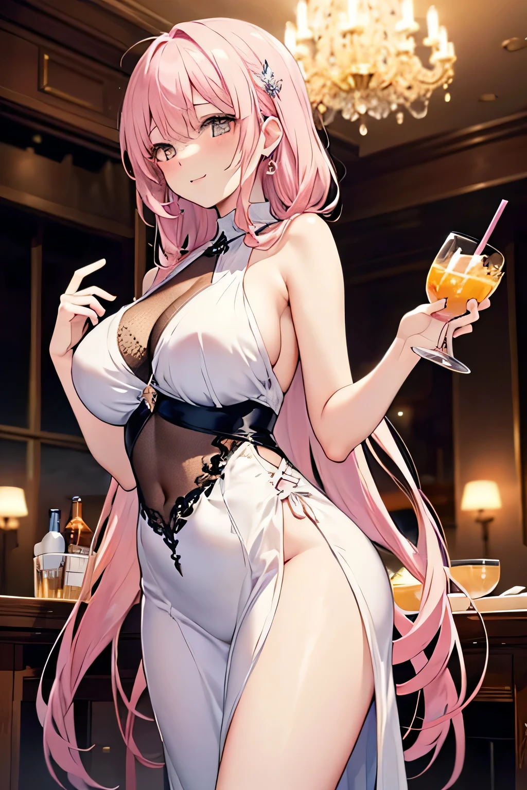 ((midynight, best qualtiy, 8K, tmasterpiece :1.3)), full bodyesbian, long leges, Sharp focus :1.2, A beautiful woman with a perfect figure :1.4, Slender abs :1.1, (, gigantic cleavage breasts :1.2),Very low chest, (nighttime scene, the roof:1.3)), Highly Detailed Face and Skin Textur, Fine Eye, 二重まぶた,(best qualtiy)Meticulous Gao Yagui lace gold skinny cheongsam girl,(Background with:Exquisite bar、Alcohol from different countries、Bartender),Sit on the floor of the bar,spread their legs,Wear a pink skinny cheongsam,Paired with noble light green lace,Excitation,cleanness,Bare chest,Protruding lower abdominal muscles,Reveal tight panties,And for《Super》Add a cinematic touch to your scene,(((Super big breasts:K cup))),((White extremely curly hair,Pick dyeing、Colorful)),Tied with a high ponytail,Film lighting completes the overall atmosphere。