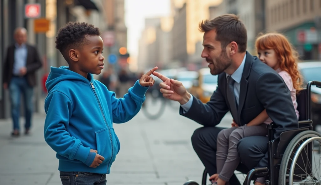 Image of a child on the street outside a park giving a coin to a homeless man