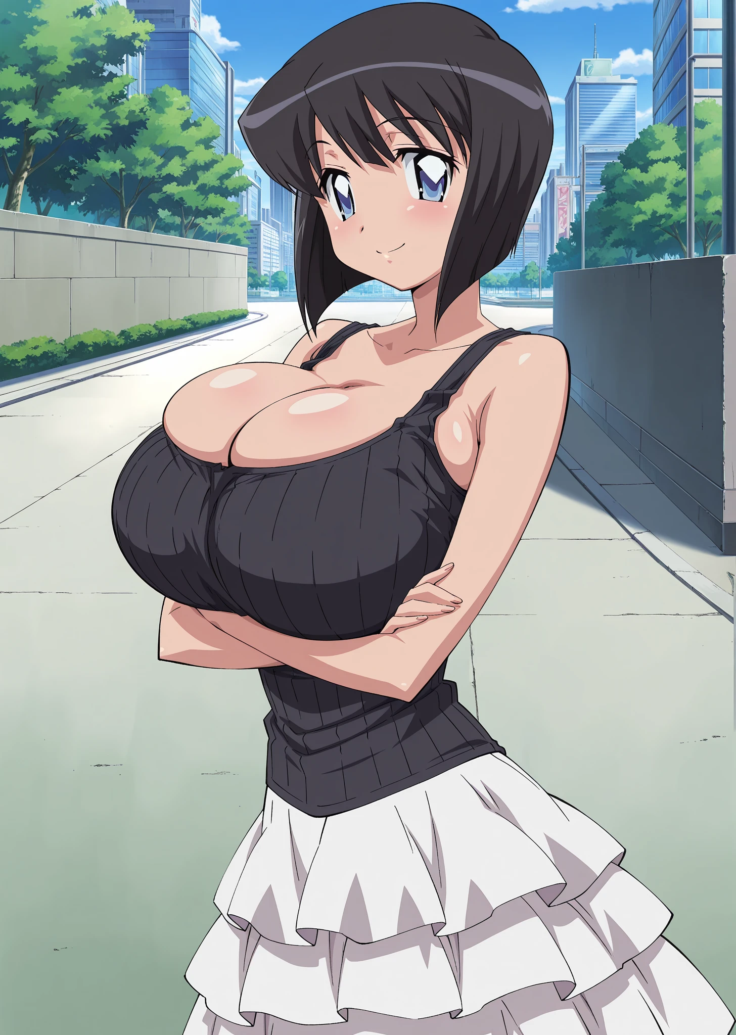 ((masutepiece, Best Quality, High resolution, extremely detailed 8K, Beautiful girl with a slender body, Ultra HD, Ultra-detailed, anime screen cap:1.3, anime colours:1.2)), suguha, (1girl in), (Black hair, bob cuts), (Lower your hands forward:1.5), facing at camera, Close-up on the chest, (beautifull detailed face, Beautiful detailed eyes), (Huge breasts: 1.2), (White tank top, Thin material), Leaning forward:1.3, cleavage, bulging nipple, Shorts, Cowboy Shot, Sweat, (Sunlight), a park
