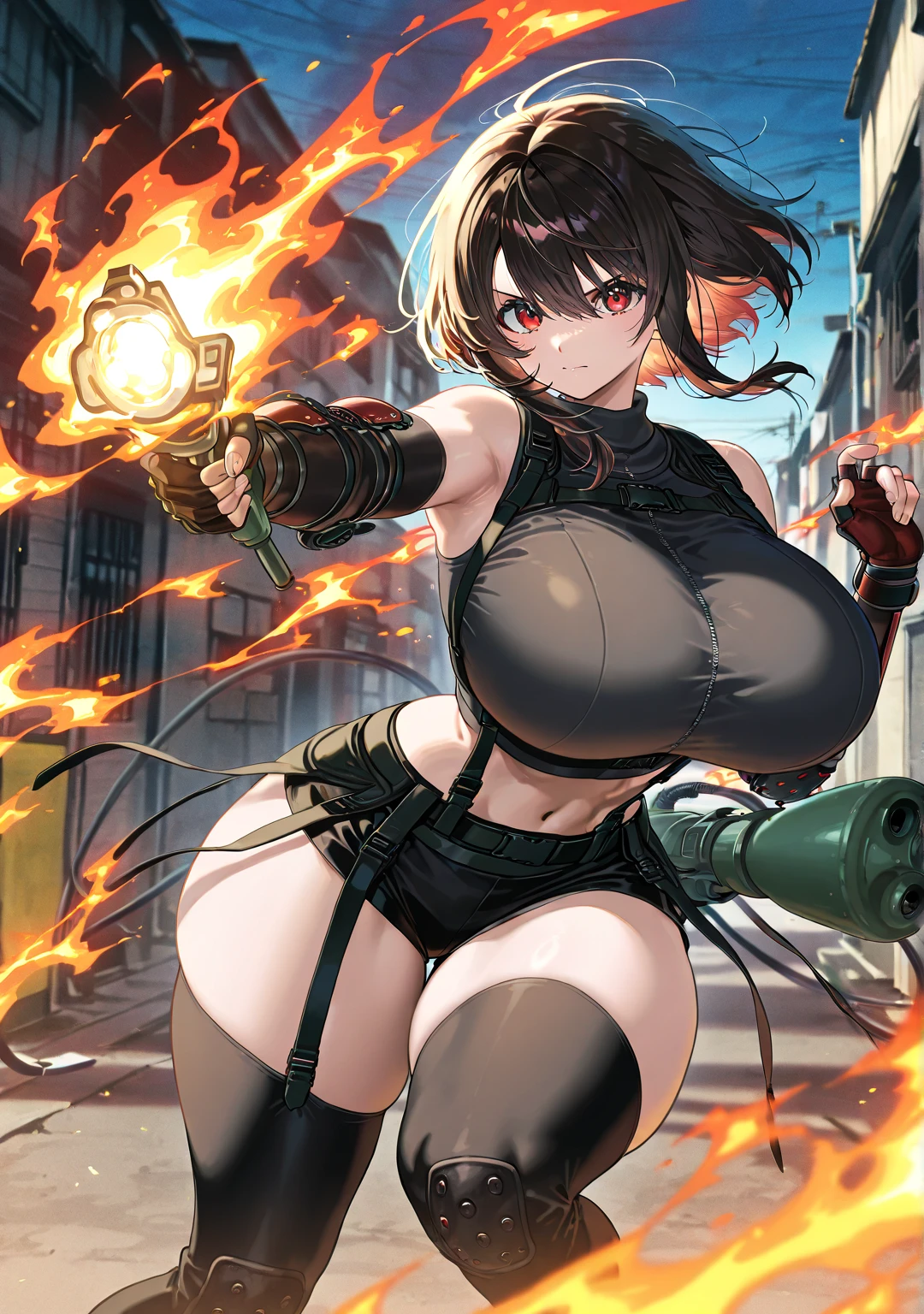 Masterpiece, best quality, Masterpiece, best quality, 1 woman , blue eyes , yellow ponytail , black leather jacket , sly face , smile , bikini , abdomen, big breasts , Long legs , glove , boots , hands on hips , abandoned factory