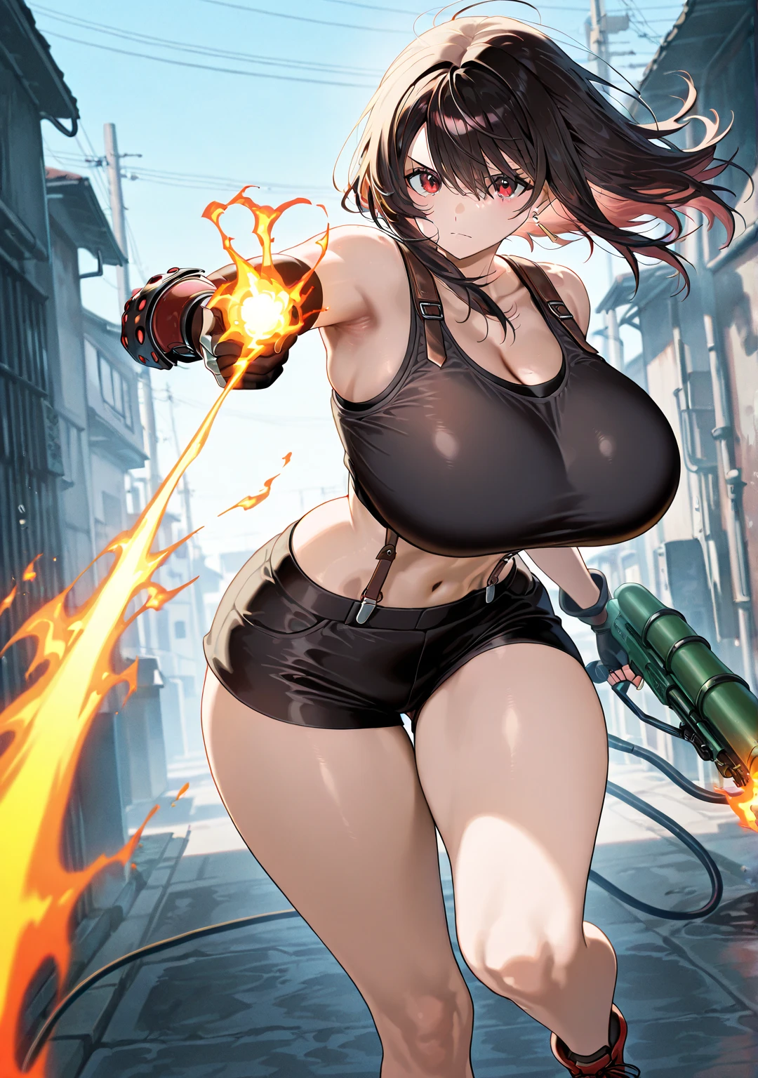 (8k, best quality, masterpiece:1.2), (realistic, photo-realistic:1.37), ultra-detailed, 1 girl,cute, solo, (tifa lockhart), (huge breasts:1.5),(beautiful detailed eyes), (smile:1.2), (closed mouth), erotic pose, dancing, outside an industrial factory, depth of field, dark intense shadows, sharp focus, depth of field, good composition, green glowing light, Final Fantasy VII, (white tank top, low cut top, cleavage:1.3), (black leather mini skirt with belt:1.3) (red gloves and boots) (full body:1.5), head rest, lips, pretty face, low-tied long hair, ((red_eyes:1.3)), (night:1.2), intricate, bokeh, cinematic lighting, photon mapping, radiosity, physically-based rendering, (Tetsuya Nomura style), nsfw, perfect breasts