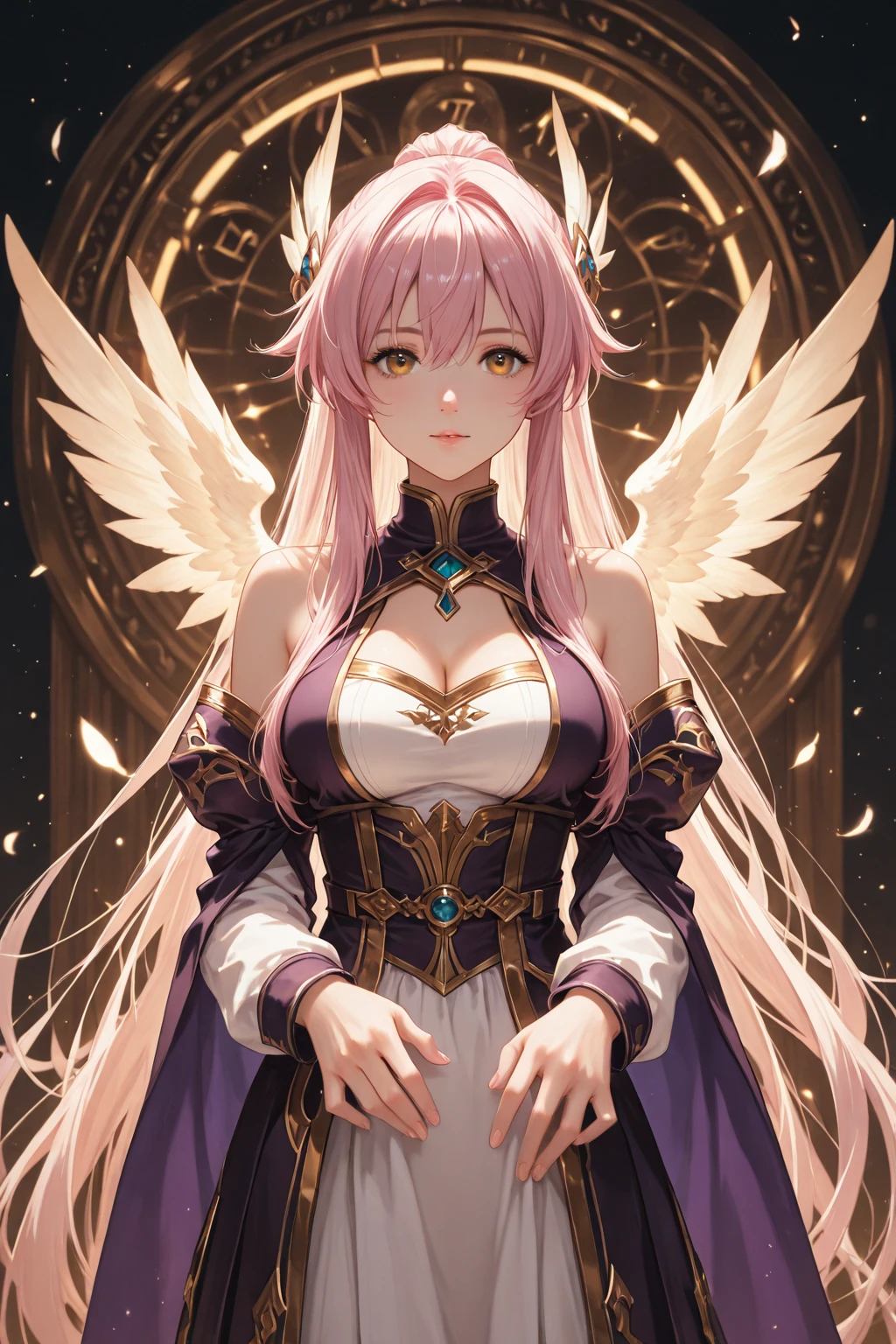 4k,High resolution,One Woman,White red hair,long hair,Braid,Blue Eyes,Big Breasts,Athena,White Holy Dress,Winged headgear,Jewelry decoration,Gold decoration,Temple in the Sky