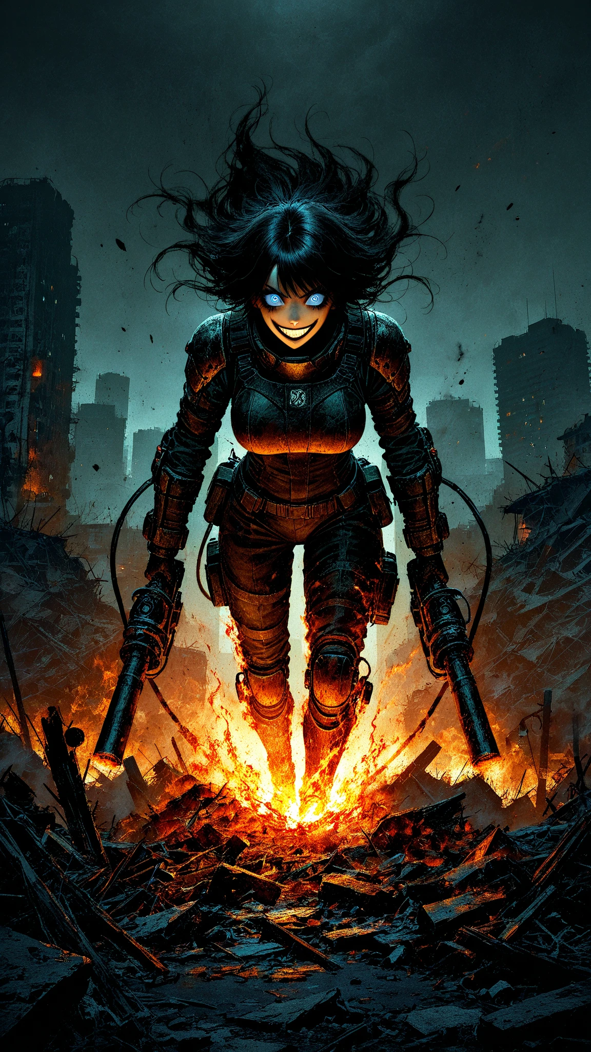 Man, Male, Bandit, Thief, Post-Apocalyptic World, Zombie Style, Biker Outfit, Helmet in Hand, Holding Helmet, asymmetrical hair, blunt bangs, facepaint, hairpods, glowing eyes, drunk, nervous smile, UHD, masterpiece, super detail