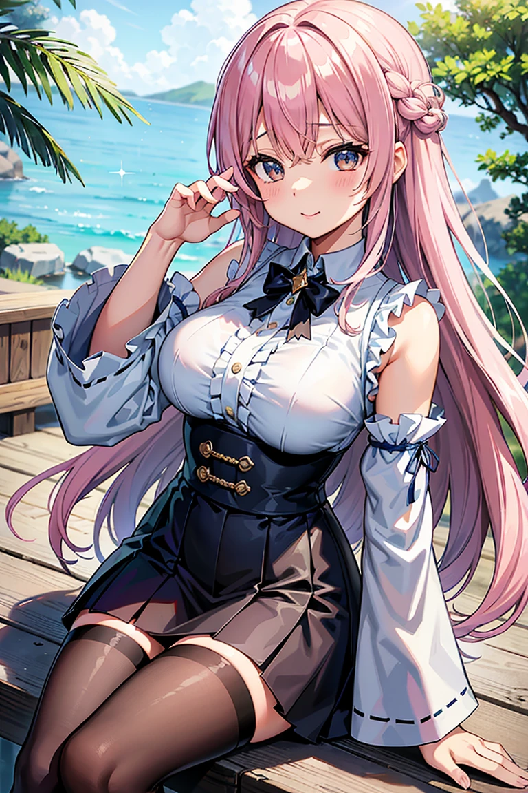 masterpiece, best quality, 1girl, solo, long hair, alternate costume, alternative hair, twin tails, hair buns, two tone hair, multicolored hair, pink hair, two colored hair, streaked hair, gold hair, gold eyes, bangs, makeup, black lipstick, mascara, eyeshadow, cross necklace, hair bow, front bow, lace jacket, lace gloves, fishnets, black leggings, gothic attire, dynamic angle, side lighting, shiny skin, detailed eyes, detailed face, water flowing, wind swept hair, glitter ,