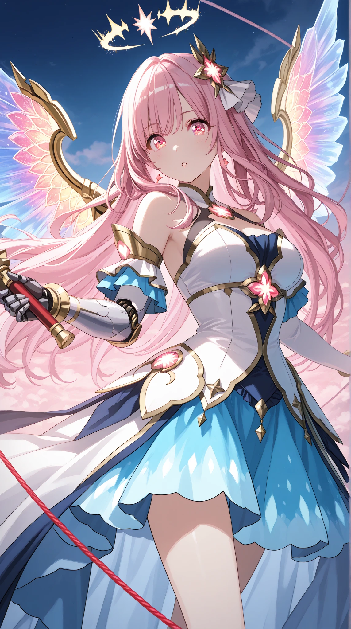 (Perfect Anatomy)、Mastepiece、Ultra High Quality、 8K、masterpiece、Highest quality、Ultra-high resolution、Maximum resolution、Very detailed、Professional Lighting、anime、woman、thin、so beautiful、Highly detailed eye、Highly detailed face、Golden earrings、Pink Hair,、Pink eyes, upper arm pink armor, white leotard, pink pattern, grassland, whole body, magical girl, Angel Girl, fighting pose, holding a luxurious magic wand in hand, (((big magic wand)))
