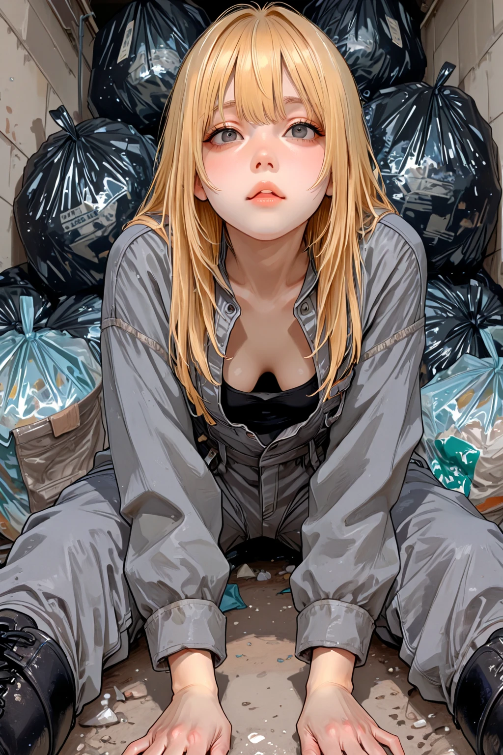 大人の女性,long blonde hair,gray coveralls, durty workwear,boots,wariza,face focus,all fours,open clothes,from below:1.4,trash bag,汚れている