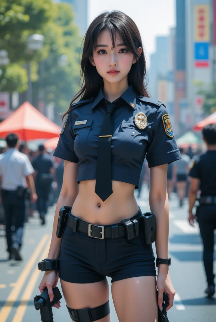 onoff,side-by-side photo,split screen,16K, (masterpiece:1.4), (best quality:1.4) ,8K,cinematic lighting,((best quality)), (masterpiece) , (realistic shadow) , (depth of field),(intricate details:1.4), 1women,Japanese,(Super beautiful),(beauitful face:1.5),(A detailed face:1.5),(lip stick:1.1),(eye line:1.2),mascara,eyeshadows,Slender body,brown eyess,(Black short Wavy Hair:1.3),(asymmetrical bangs),(Japanese women police uniform:1.5),A crowded street in Shibuya, at night,((mideum shot:1.3)),Glasses,nude,(front view:1.3),