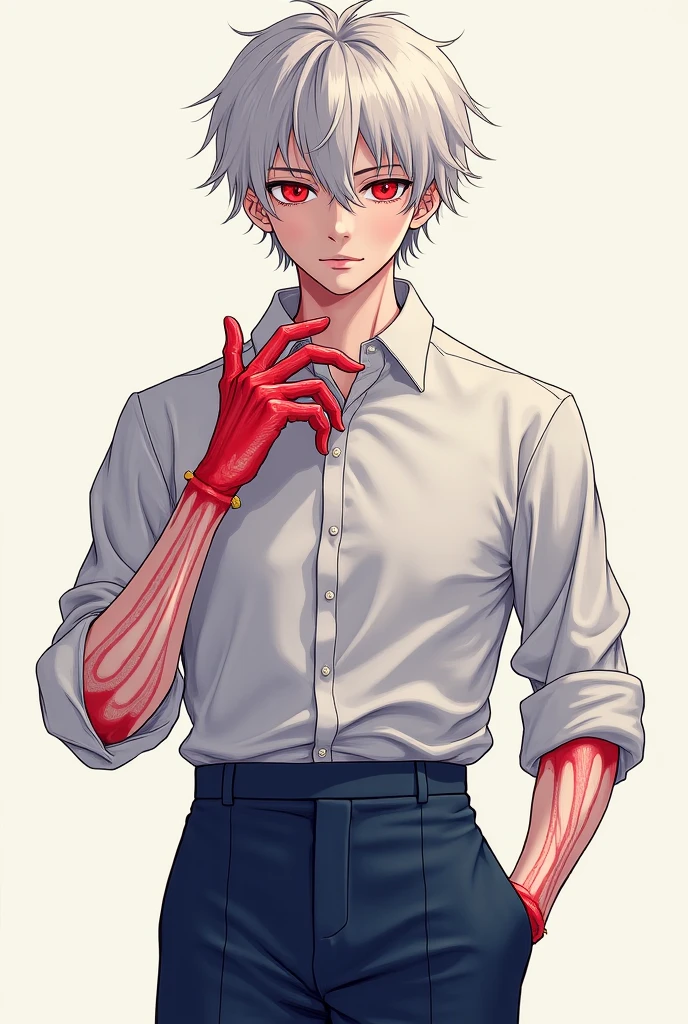 (best quality, masterpiece), 1boy, upper body, injury, blood splatter, blood, formal, looking down, looking at viewer, white hair, vampire, hand in pocket, muscular, smile, dark mood