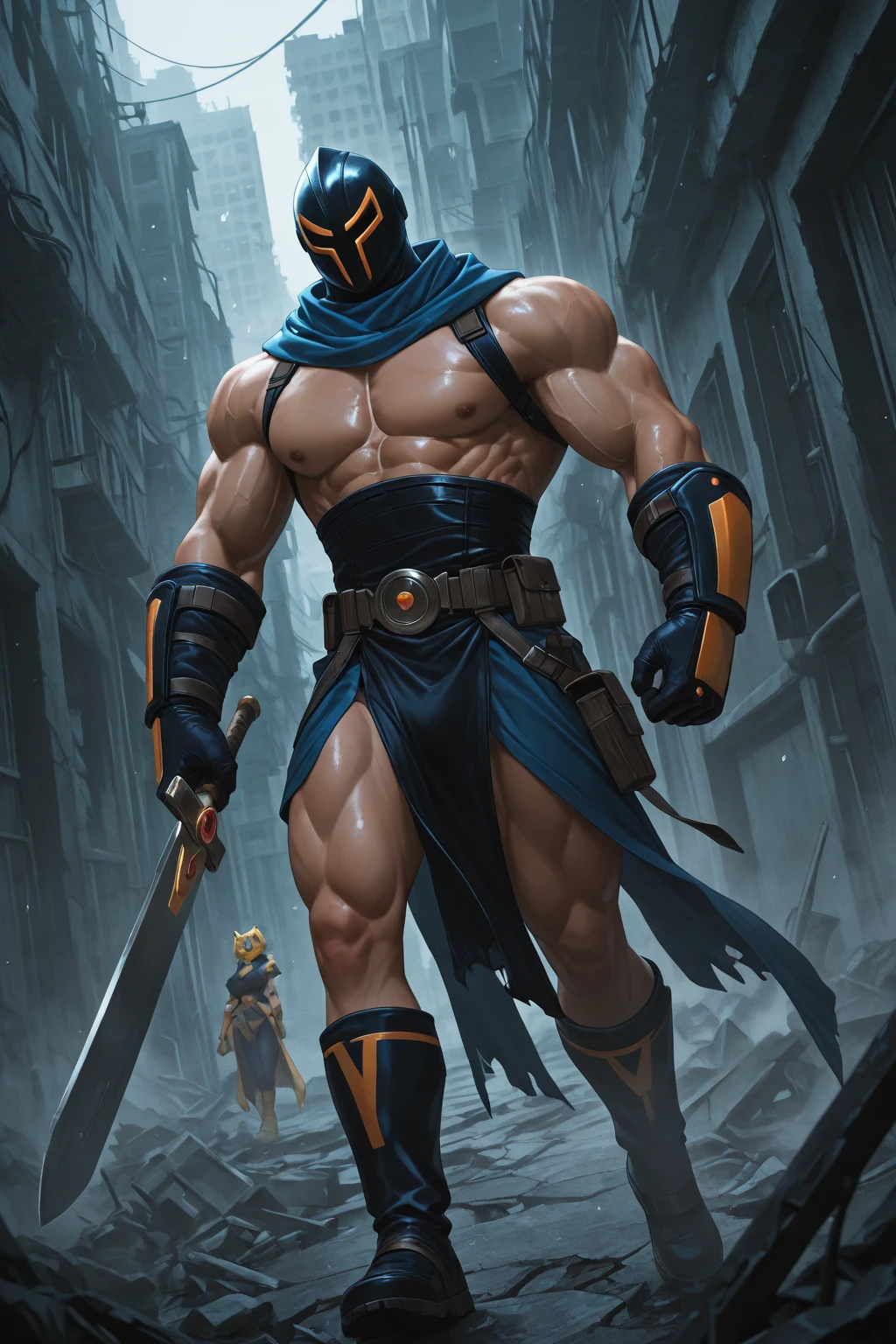 50 space marines, in epic armor and weaponry, are valiantly defending a ruined city against a swarm of Tyranids. Amidst the chaos, Batman swoops in to lend his heroic aid.