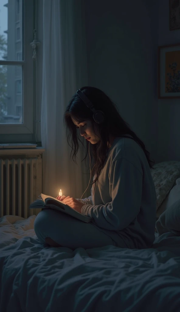 A young girl sits comfortably in her room, wearing futuristic headphones and reading a book while listening to music. Outside the window, heavy rain is falling, creating a peaceful and serene atmosphere. The room's details show modern furniture and futuristic decor with soft lighting. This image should be a masterpiece in 8K resolution, capturing every detail vividly and clearly.