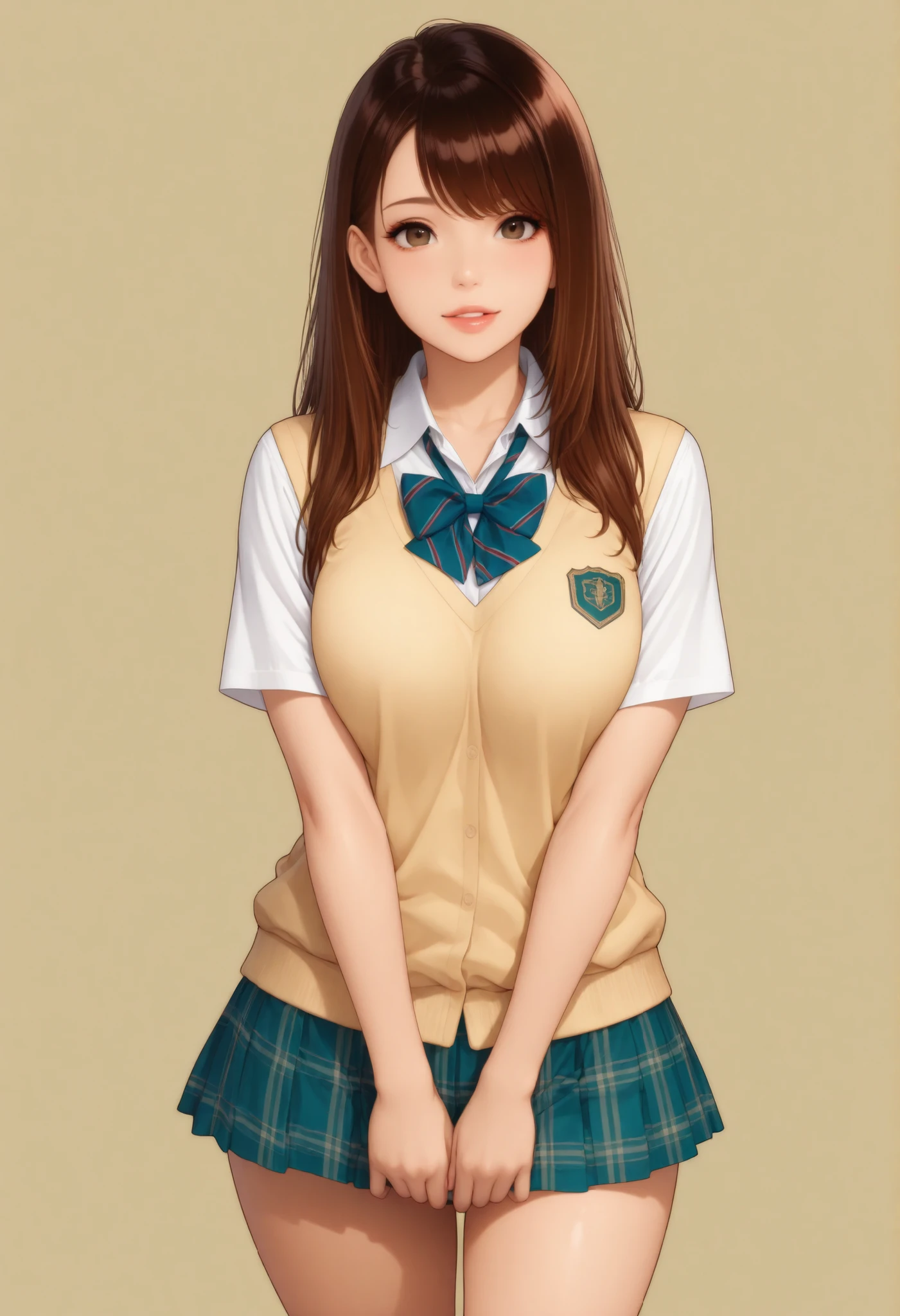 Semi realistic, JK, 1 woman, Gal:1.4, Laughter, solid background, brown hair, School Uniform, shirt, Bowtie, miniskirt, photogenic, ultra high resolution, (top quality:1.2, CG illustration, masterpiece:1.2, Best Aesthetics),