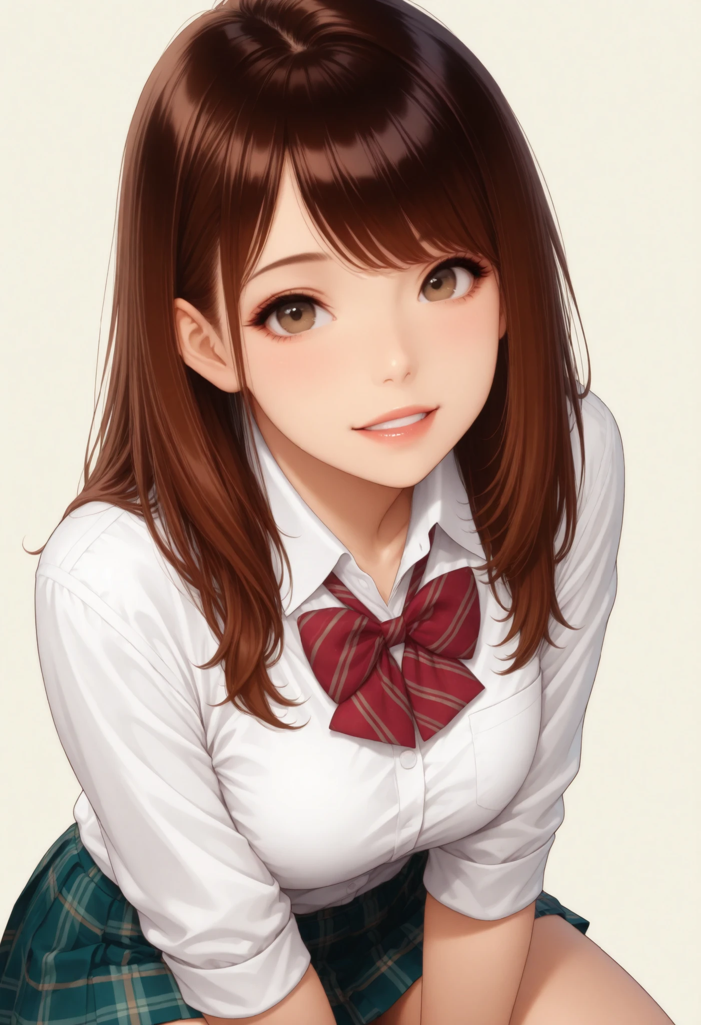 Semi realistic, JK, 1 woman, Gal:1.4, Laughter, solid background, brown hair, School Uniform, shirt, Bowtie, miniskirt, photogenic, ultra high resolution, (top quality:1.2, CG illustration, masterpiece:1.2, Best Aesthetics),