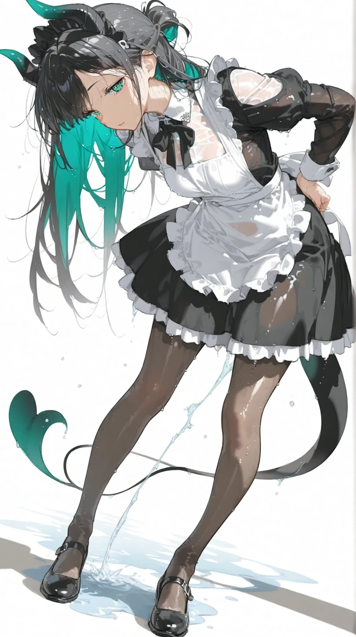 (((White background)))(((anime style:1.6)))Wet hair,Wet clothes,A woman in a black maid outfit black hair very long hair、Updo Have a big crystal ballFull body black Adult woman with dragon horns and tail black hair(High resolution masterpiece, , high resolution mode, highest quality: 1.2)(masterpiece: 1.5) Black hair, , black hair, girl, highlight color hairstyle, inner color, shiny black bangs,oblique bangs, beautiful green eyes, bull drooping eyes(Angle from below)