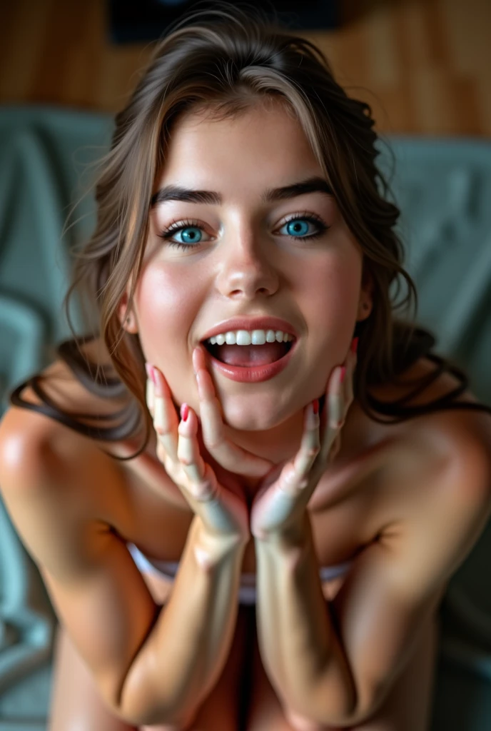 female younger teen, wearing pink glitter lipstick, eyes closed, wearing pink lingerie, kneeling on carpet, ((mouth very wide open and smiling)), photorealistic, extreme skin detail, 8k, wallpaper, top down view