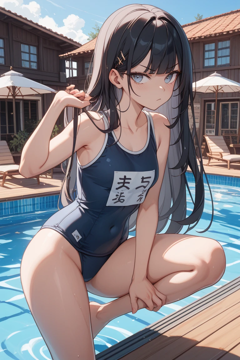 NSFW,hutao\(genshin\),(Micro Swimsuit:1.8),(Perfect hands),(Perfect Anatomy),(masterpiece),(highest quality),(Embarrassed:1.5),blush,Feeling embarrassed,Lift your butt,Leg spread,Sandy Beach,Palm tree,Rock Shade,One man,Man standing behind