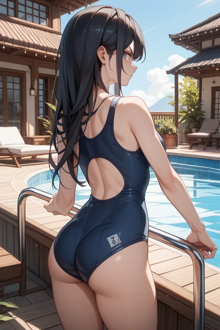 masterpiece, best quality, high resolution, asuna, pretty and cute face, realistic face, face focus, tanned skin, 1girl, small breasts, solo, x_hair_ornament, shining black hair, white green tulip hairpin, medium_hair, hair between the eyes, one side facing left, green_eyes, happy, solo, prominent_nipples, swim in the pool, legs open,naked ,sexy girl,(open_legs)