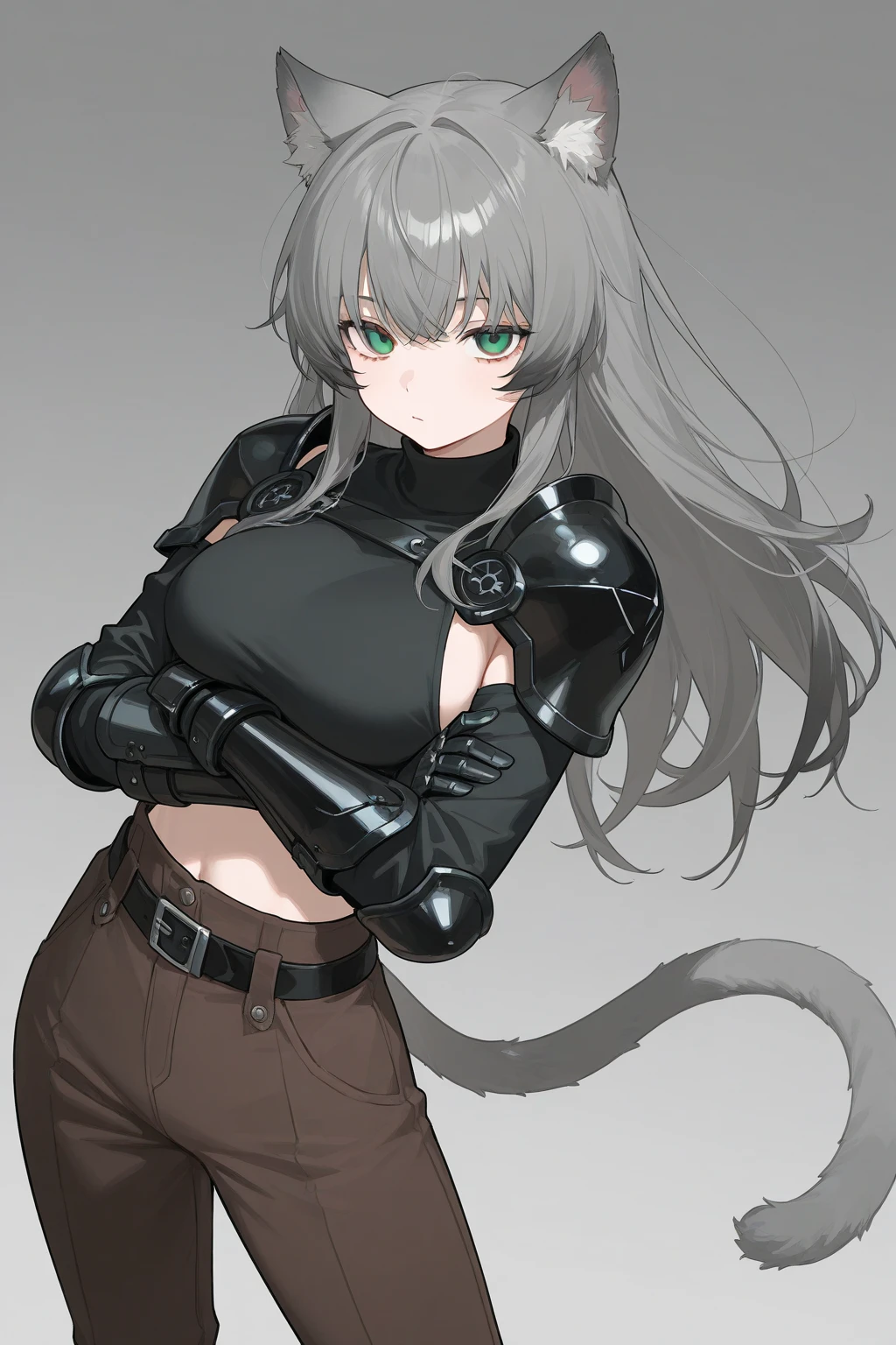 (adult female:1.2), (solo:1.2), (curly gray long short hair:1.15), (gray hair:1.2),(green eyes:1.1), ([leather black jacket|silver chestplate,silver shoulder pads], bandaged arms, black trousers:1.2), (medium breast:1.1), (silver battle gauntlets:1.25), (fluffy wolf ears:1.05), (fluffy wolf tail:1.05), (abs, muscular body:1.4), (lappland (arknights):1.05), (outline character style:0.9)