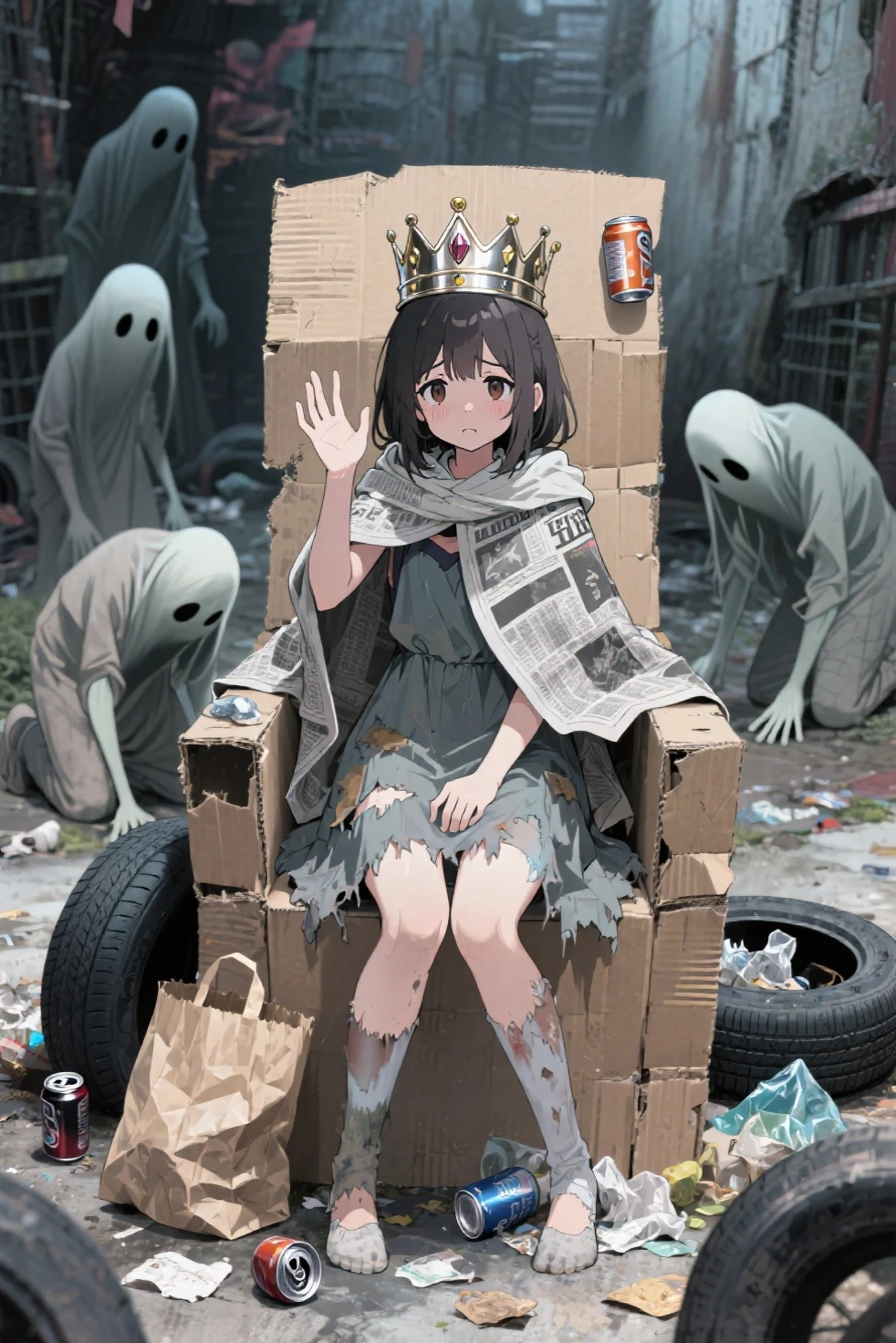 top quality、anime style、masterpiece、The girl looks troubled after being seated on a trash throne。trash spirits in the background（the personification of an empty can or paper bag）prostrates down。throne is made of cardboard and old tires、Solemn（？）atmosphere。The girl raises one hand and poses for the king, but the、Confused 、an aluminum can tiara folded like a crown、A newspaper cloak、is wrapped around a ragged dress。looks like a gag but cute、cute
