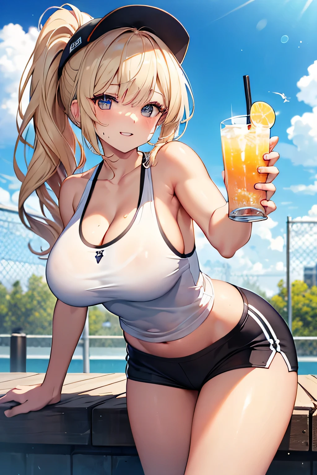 8K、top-quality、Reflecting the whole body,1人の女性((Black color sports bra、White shorts、Long blonde hair、sixteen years old、cute little、exercise、Sweating、The body is dripping wet、,big bast、Happiness)),Background with((gym、White Room)),Depth((The table、drinks、Lockser、yoga mats))、(hight resolution),(hiquality）