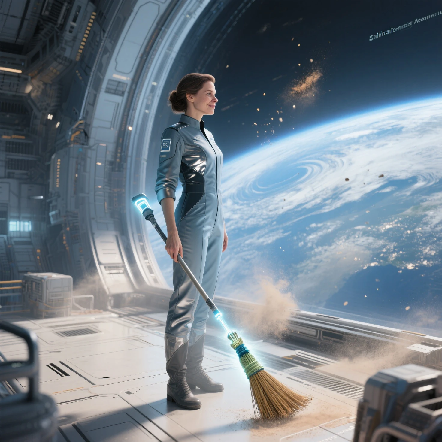 A Glimmer of Hope A 3D Hyperrealistic, artistic full-body shot of a woman in her late 30s, a "Sanitation Keeper," standing on the upper deck of a giant orbital space station, looking out through a panoramic window at the swirling blue and white Earth below. She holds a sophisticated, glowing energy broom loosely in one hand. A small, hopeful smile plays on her lips, a rare moment of peace and pride in her vital, unseen work, knowing she contributes to the survival of humanity. Her uniform is functional and elegant, with subtle reflective elements. The natural, ethereal light from Earth casts beautiful, soft shadows on her face and uniform. Dust motes float in the air, catching the light, adding a touch of serene realism. Emotion: Hope, pride, serenity, and a quiet understanding of her purpose. Artistic details: Dreamlike atmosphere, soft global illumination, intricate details of space station interior, realistic Earth rendering, volumetric dust, delicate facial expression, museum-quality render.